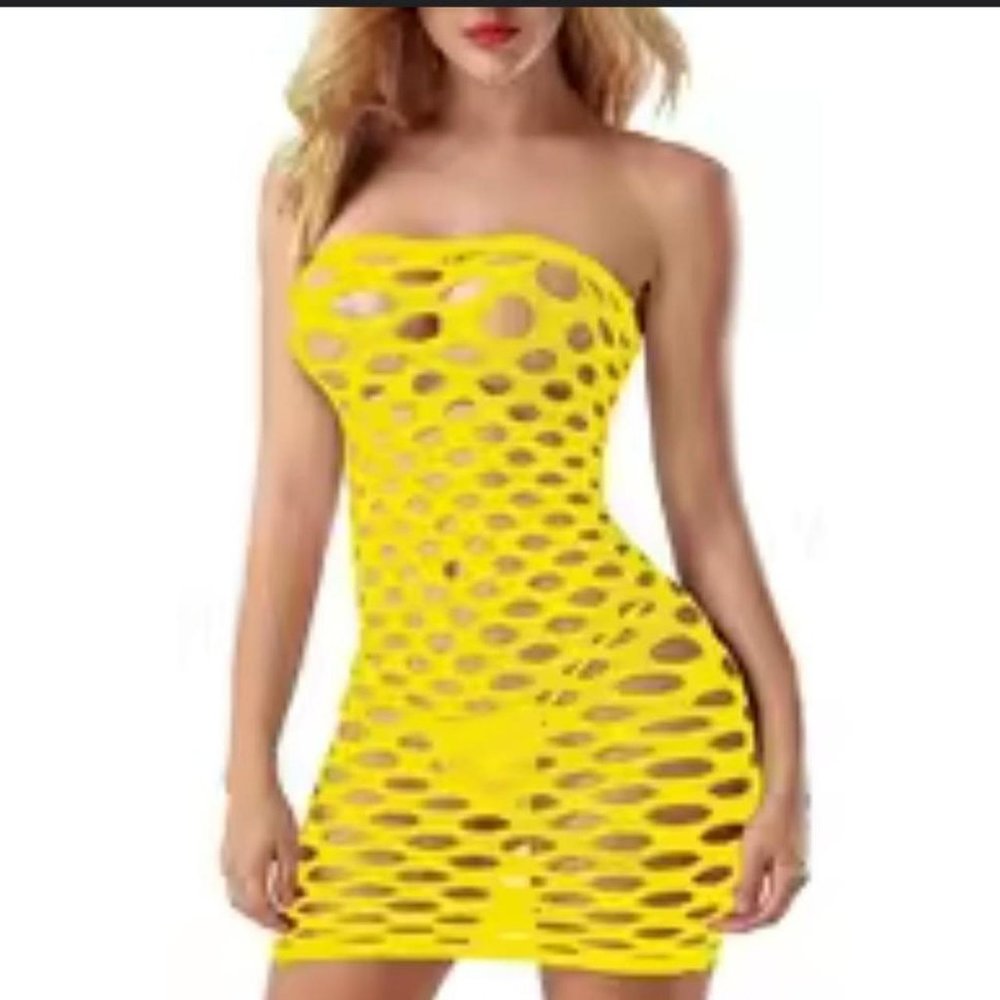 Women's stretch yellow mesh fishnet bodystocking  strapless dress lingerie